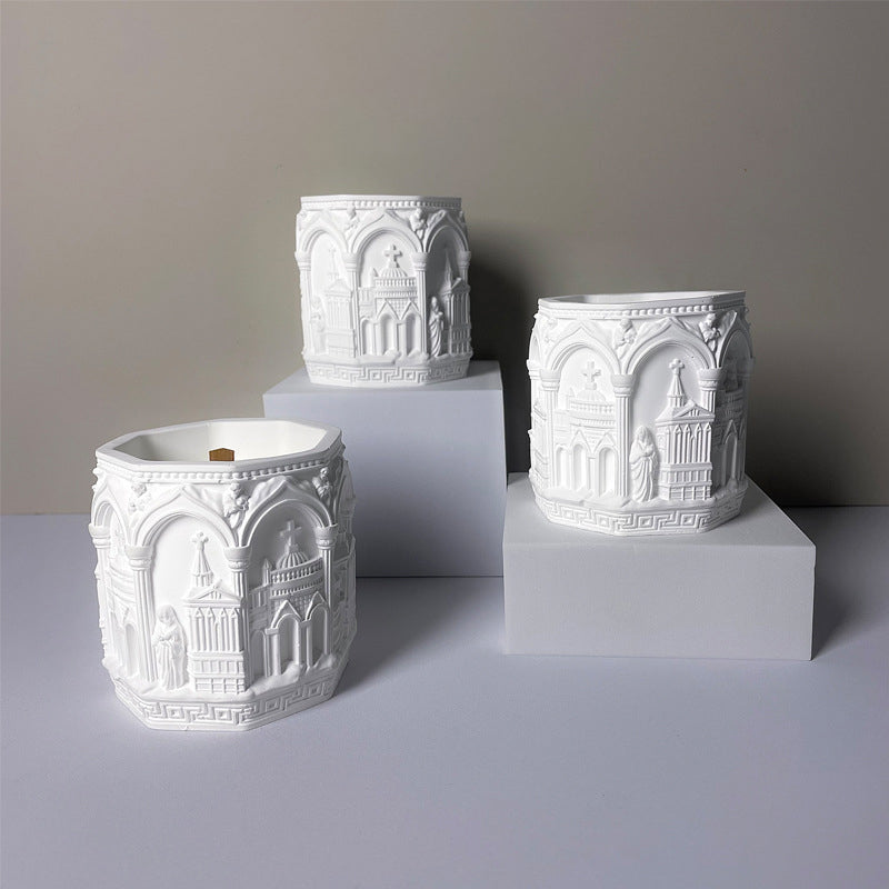 Relief-Carved Scented Candle in Plaster Cup European-Style Castle Souvenir Ambient Decorative Piece Photo Prop Gift Item