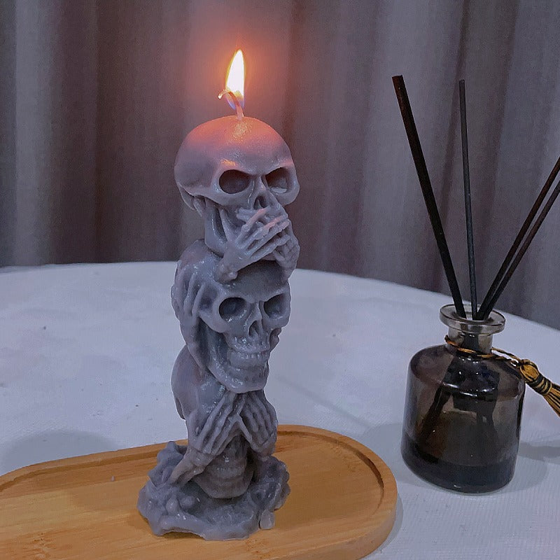 Three consecutive Skull Candles Halloween Horror Series: No need to see, No need to hear, No need to Say Skull Scented Candles
