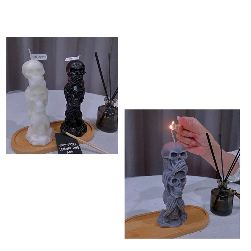 Three consecutive Skull Candles Halloween Horror Series: No need to see, No need to hear, No need to Say Skull Scented Candles