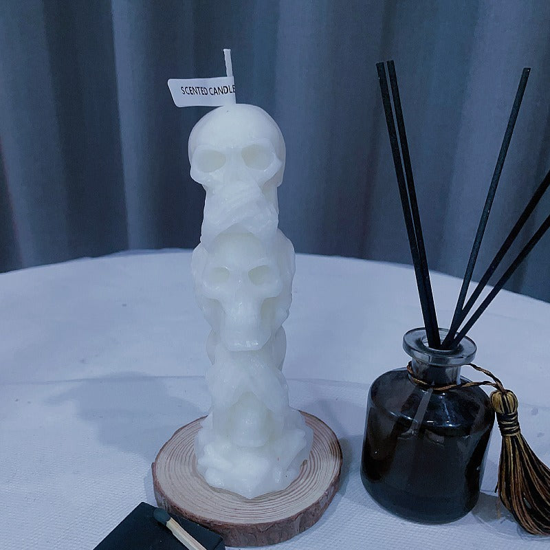 Three consecutive Skull Candles Halloween Horror Series: No need to see, No need to hear, No need to Say Skull Scented Candles