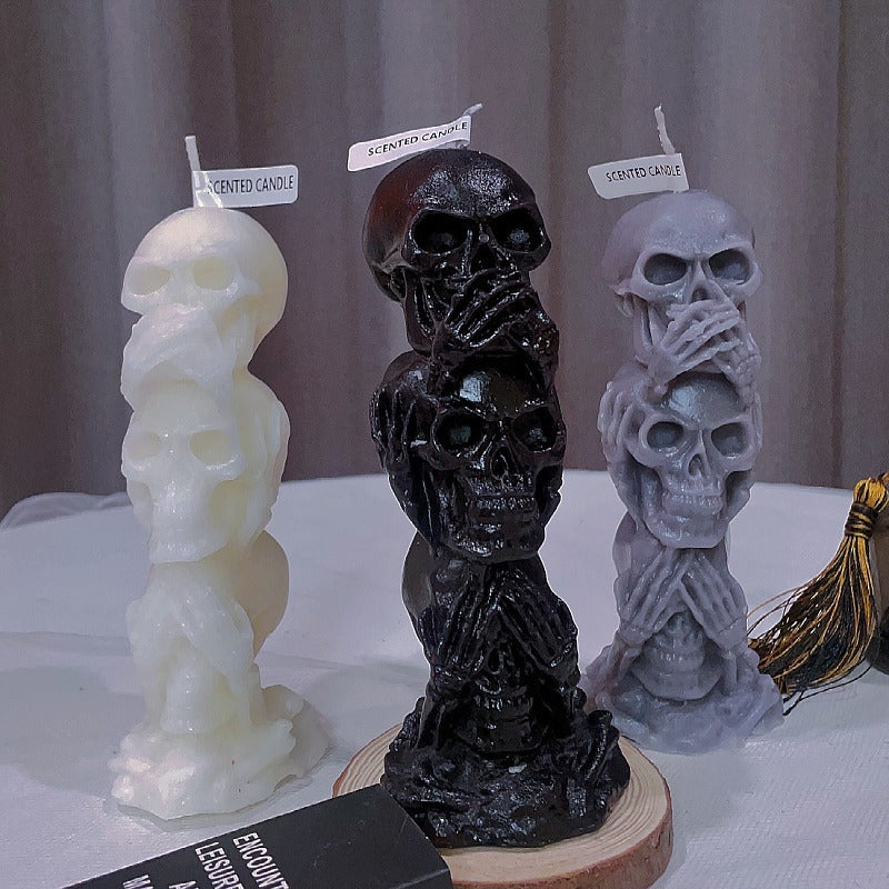 Three consecutive Skull Candles Halloween Horror Series: No need to see, No need to hear, No need to Say Skull Scented Candles